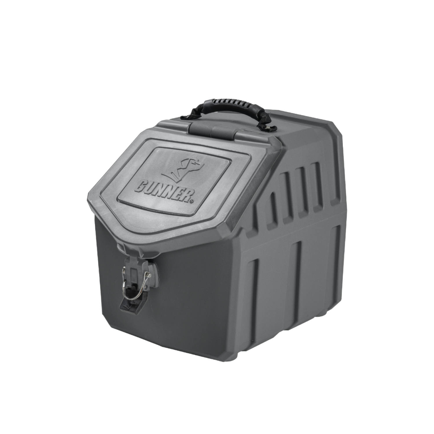 The GUNNER FOOD CRATE - FLINT by GUNNER is a gray, rugged, hard-sided dog food container with a top handle, front latch, and GUNNER embossed on the lid. Its reinforced design is waterproof and airtight.
