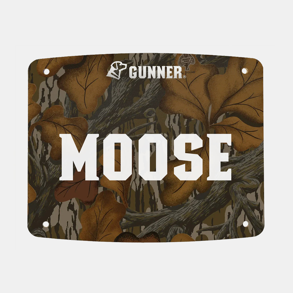 Introducing the GUNNER FOOD CRATE NAME PLATE—this license plate features a camouflage background adorned with brown leaves and branches. The name “MOOSE” is boldly centered in crisp white letters, while the iconic GUNNER logo appears at the top. Inspired by the rugged look of GUNNER’s Food Crate, this custom name plate is perfect for adding a personalized and outdoorsy touch to your vehicle.