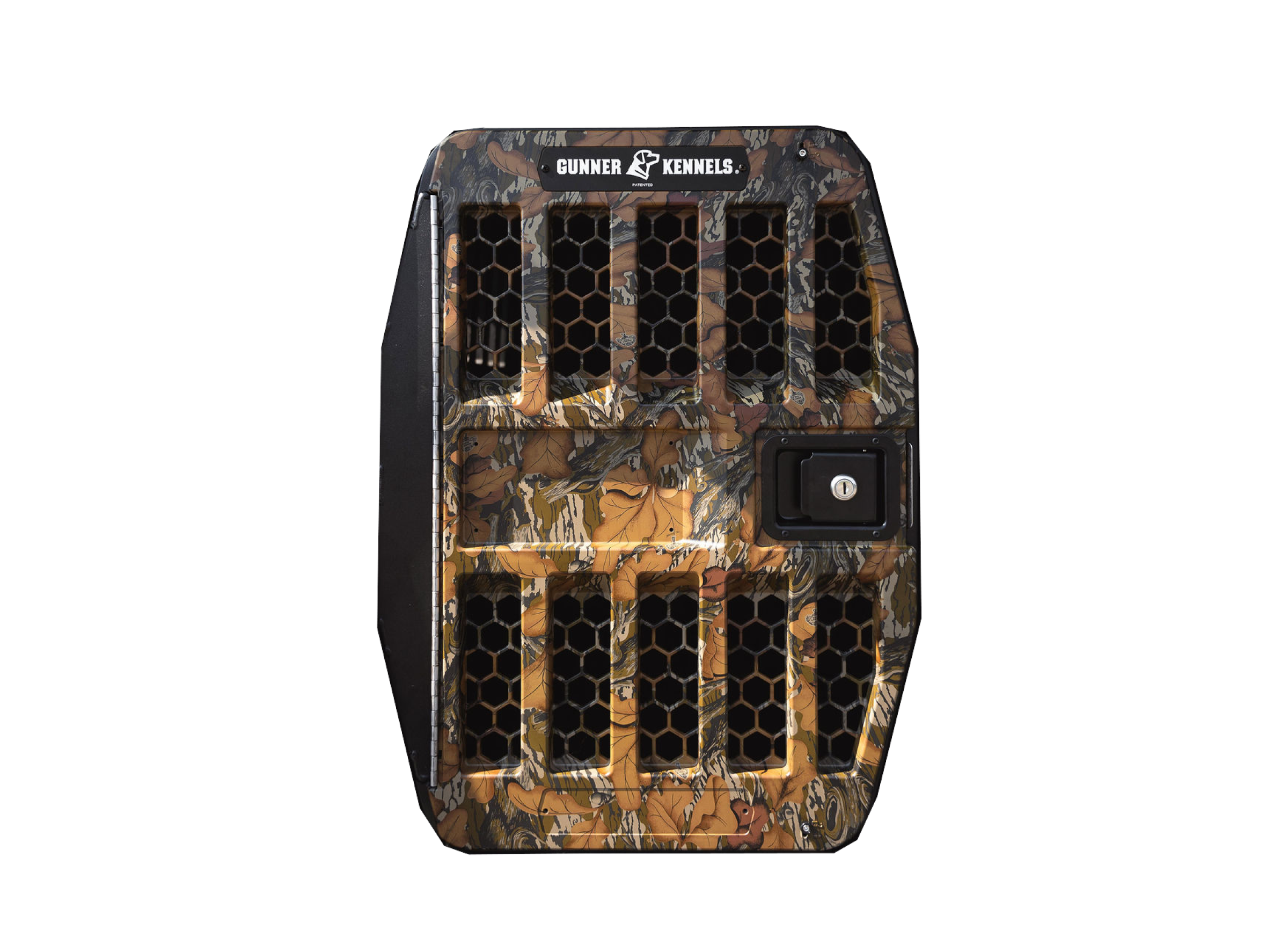 A rugged GUNNER G1™ Kennel Door in Mossy Oak Fall Foliage, featuring a honeycomb design, right-side lock, and GUNNER branding on top, set against a plain white background.