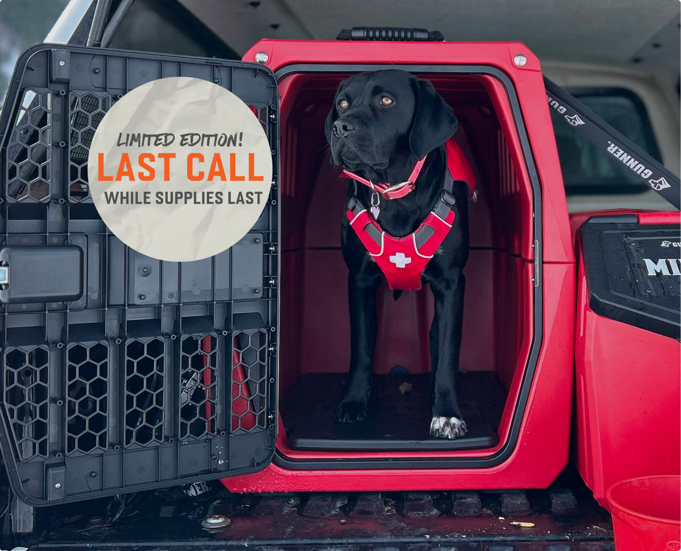 A black hunting dog wearing a red harness stands inside an open red dog crate. A circular sign on the left says, Limited Edition! Last Call While Supplies Last. The crate is on the back of a vehicle, showcasing essential outdoor gear for your adventurous companion.