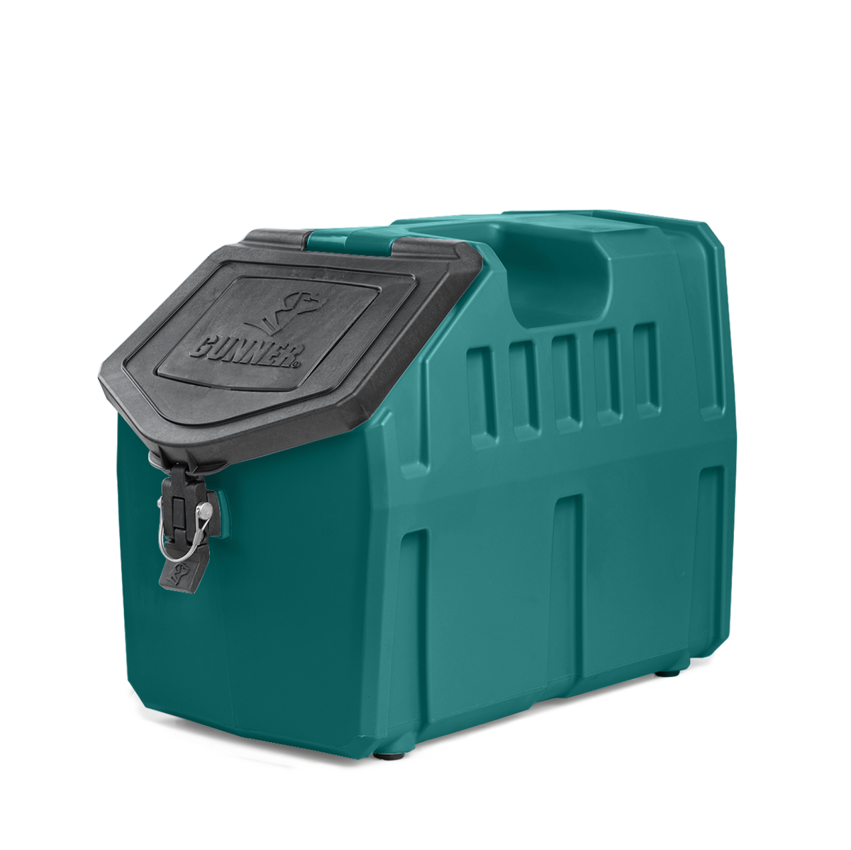 The GUNNER FOOD CRATE is a teal, hard-sided dog food storage box with a black hinged lid, sturdy handle, locking clasp, angular design, GUNNER branding on the lid, and is proudly Made in America.
