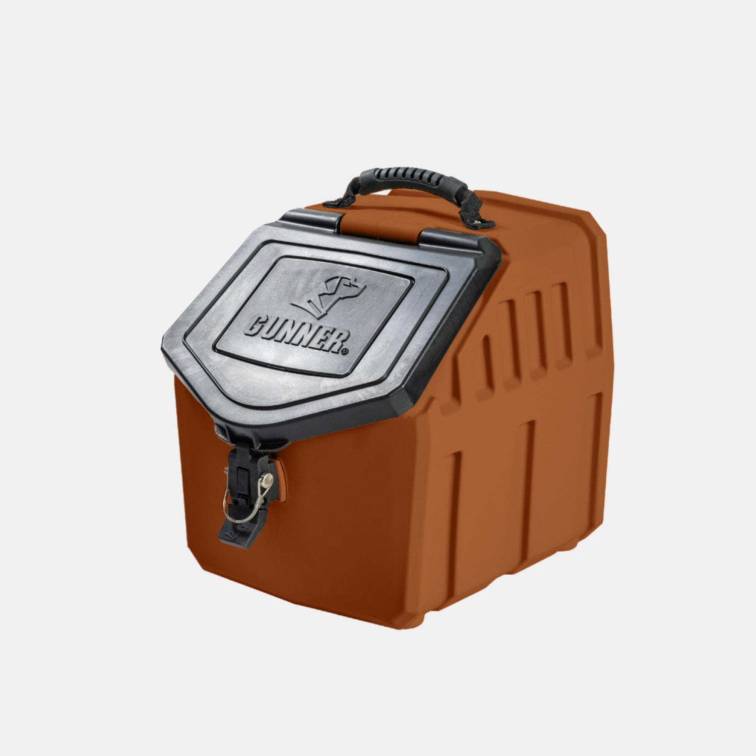 The GUNNER FOOD CRATE - Ducks Unlimited Orange is a sturdy, airtight dog food storage container with a secure lock, black hinged lid, labeled GUNNER—Made in America by GUNNER—shown against a light gray background.