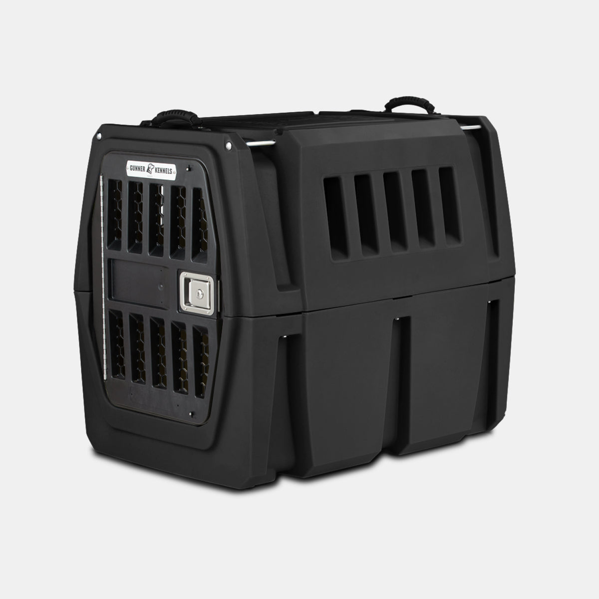 The GUNNER G1™ KENNEL - BLACK is a durable dog crate with side ventilation slats and a secure front metal door, ensuring your pets safety and comfort during travel.