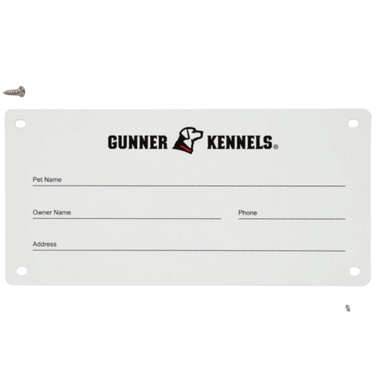 GK NAME PLATE by GUNNER is a rectangular white name plate for Small and Medium kennels, with the GUNNER KENNELS logo and fields for Pet Name, Owner Name, Phone, and Address. Includes two mounting screws.