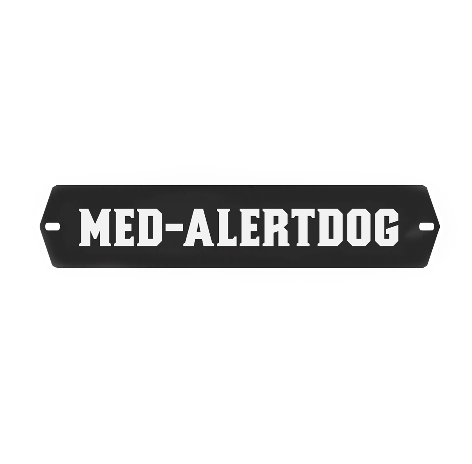 A black, rectangular GUNNER PERSONALIZED KENNEL DOOR TAG featuring bold white text reading MED-ALERTDOG and holes on each end for easy attachment.