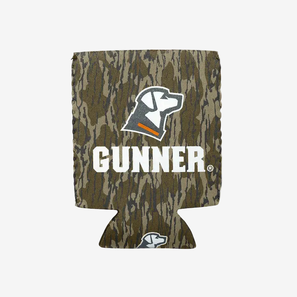The GUNNER Koozie Pack features a camouflage can cooler with a white hunting dog head logo, orange collar, and bold white GUNNER lettering—ideal outdoor gear for any adventure.