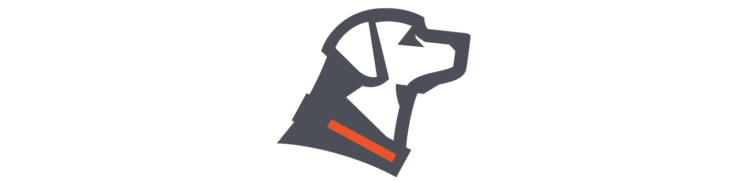 A minimalist illustration of a working dogs head and neck in profile, facing right, in dark gray with an orange collar on white. CHARITY DONATION by DailyKarma.