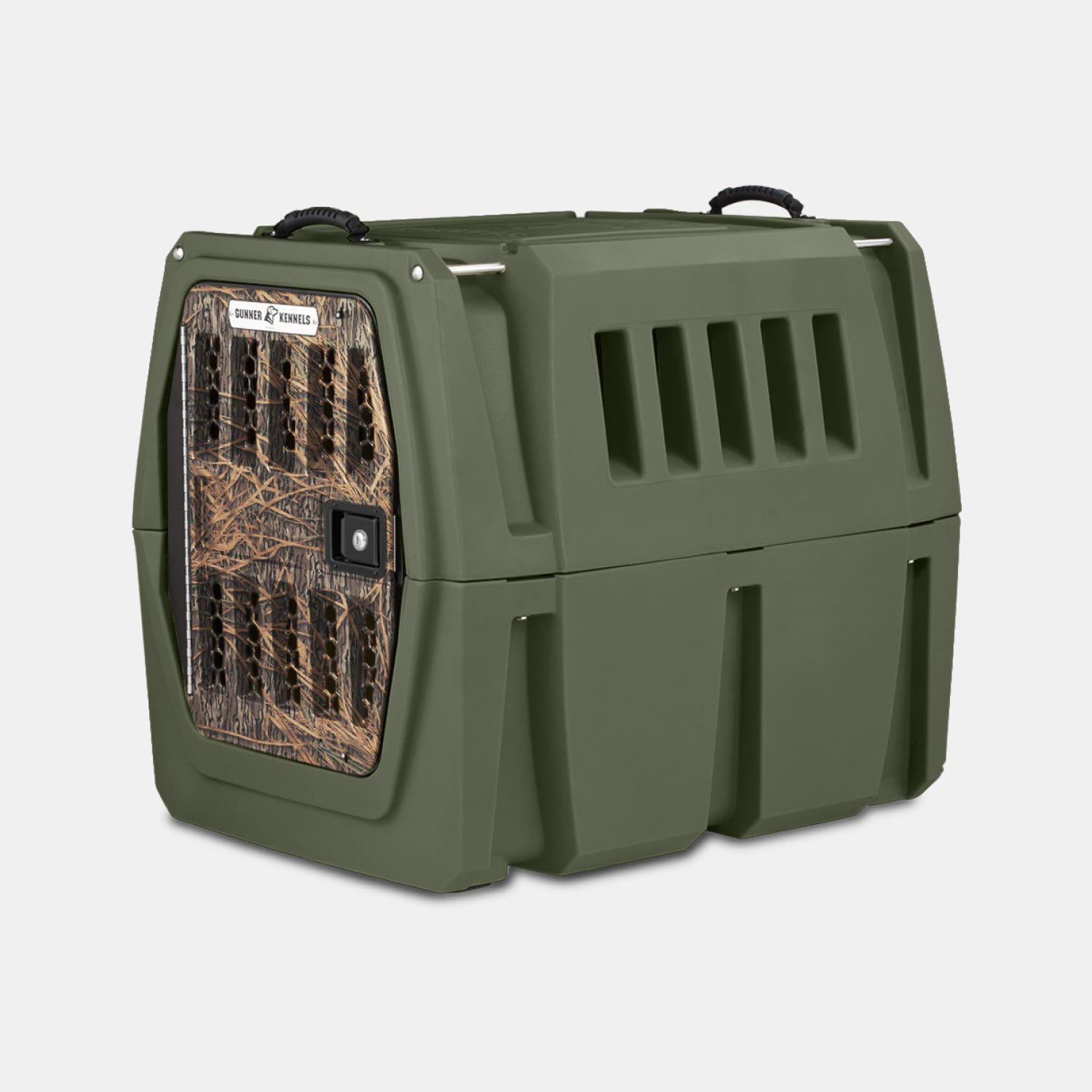 The GUNNER G1™ KENNEL in Gunner Green/Mossy Oak Shadow Grass features double-wall construction, a camo-patterned door, black side vents, and two top handles—engineered as the safest crate for transporting dogs.