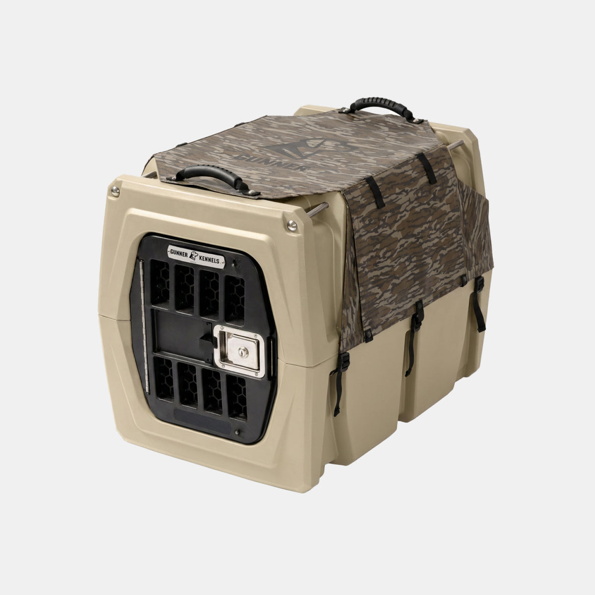 The GUNNER ALL-WEATHER KIT 2.0 MOSSY OAK BOTTOMLAND features a tan hard-sided pet crate with a black metal door, paired with a waterproof kennel cover in Mossy Oak Bottomland camouflage that offers UV protection—all set against a plain light gray background, making it the ideal all-weather solution for your dog.