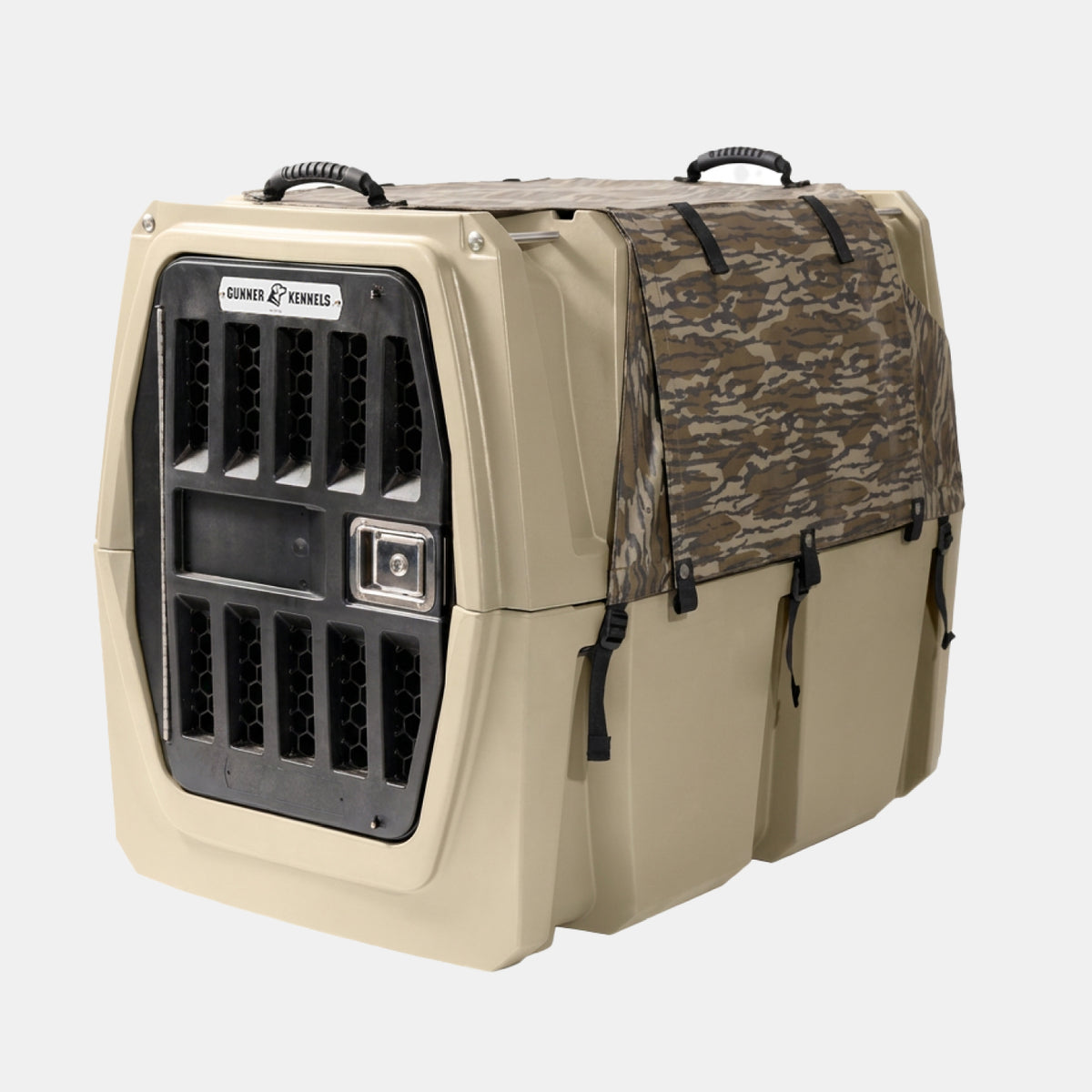 The GUNNER ALL-WEATHER KIT 2.0 MOSSY OAK BOTTOMLAND is a tan portable pet crate featuring a camouflage cover with UV protection and black front ventilation vents. Built with secure latches, reinforced corners, and multiple handles and straps for easy transport, this crate is ideal when used in combination with an all-weather kit or a waterproof dog kennel cover.