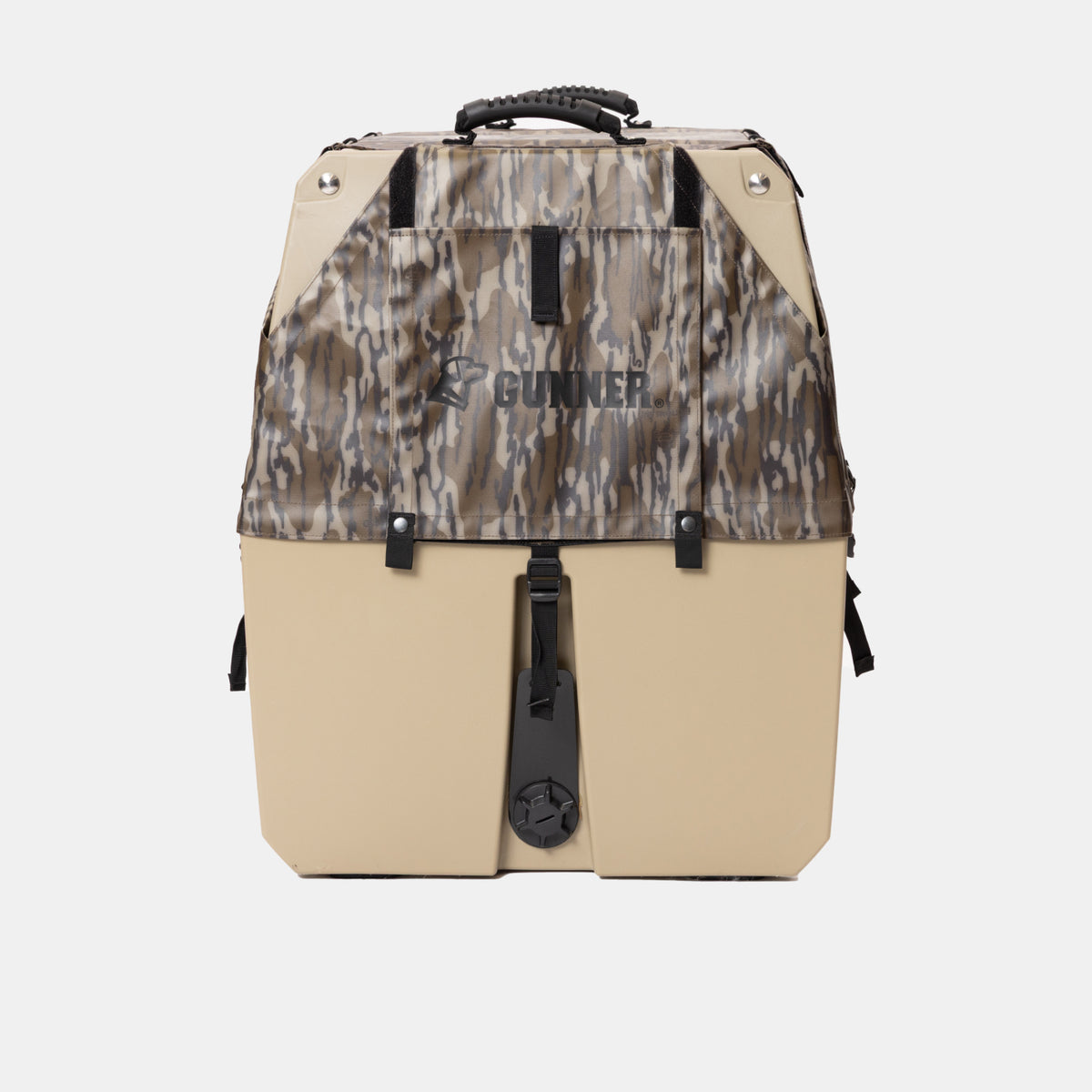 Introducing the GUNNER ALL-WEATHER KIT 2.0 MOSSY OAK BOTTOMLAND—a hard-sided backpack in a tan and Mossy Oak Bottomland camouflage pattern, featuring a sturdy top handle, central clasp, and the GUNNER logo on the front. Built for rugged adventures and UV protection, this pack keeps your gear safe wherever you go.