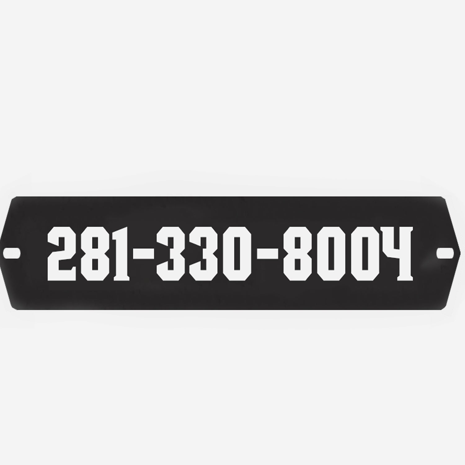 A black rectangular PERSONALIZED KENNEL DOOR TAG from GUNNER, featuring the white numbers 281-330-8004 in bold, block-style font reminiscent of a custom dog tag design.