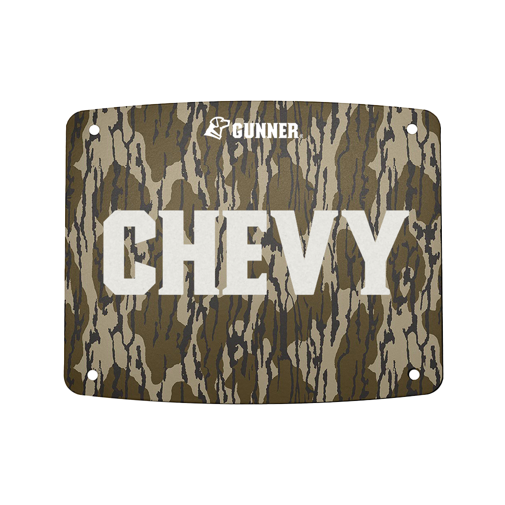 Personalize your GUNNER Food Crate with the FOOD CRATE NAME PLATE—a rectangular metal plate with camo pattern, bold white CHEVY text, and smaller GUNNER logo. Features four corner holes for easy mounting or use as a custom name plate.
