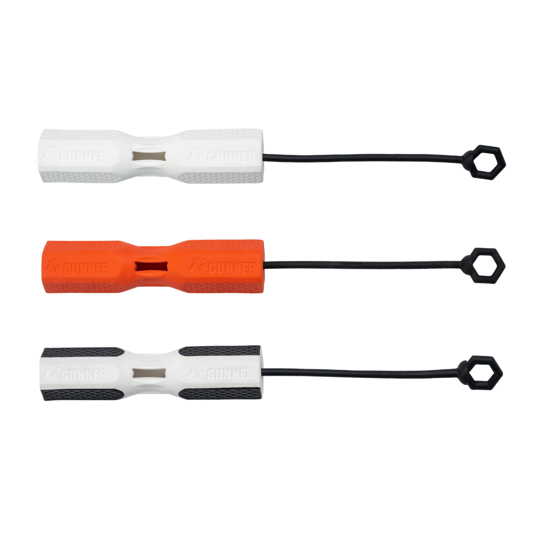 Three plastic tools in white, orange, and white with black grips, each with GUNNER branding, attached to a black cord with a hexagonal loop at the end—perfect for use around your hunting dog’s kennel. All are aligned horizontally on a white background.