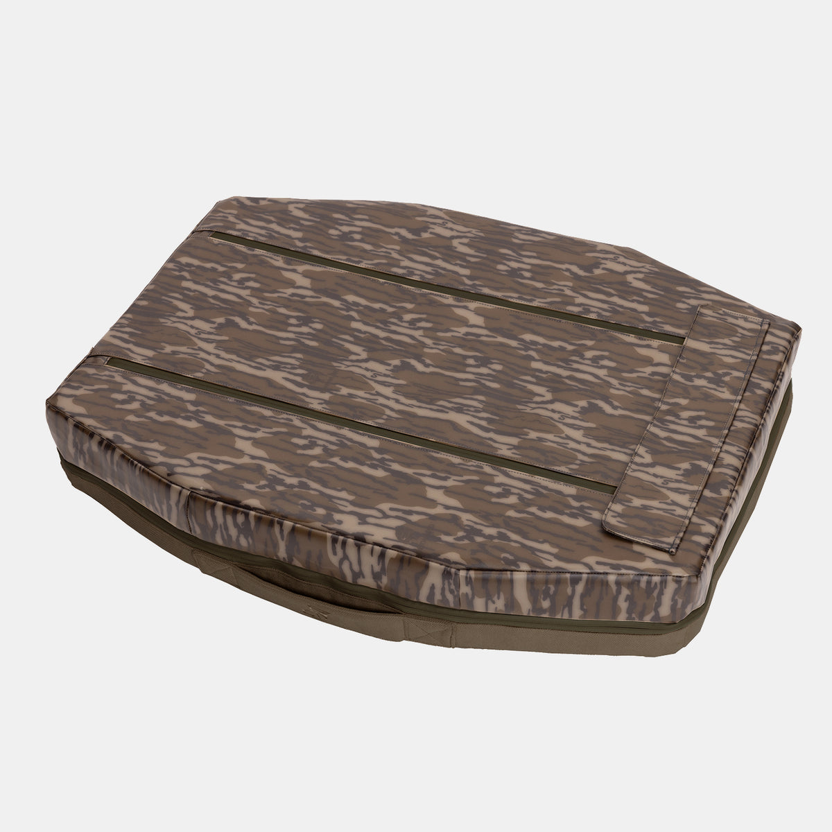 A rectangular CAMP BED by GUNNER, featuring a Mossy Oak Bottomland camouflage pattern and padded construction with side handles, ideal as a durable dog bed or convenient camp bed, displayed on a plain white background.