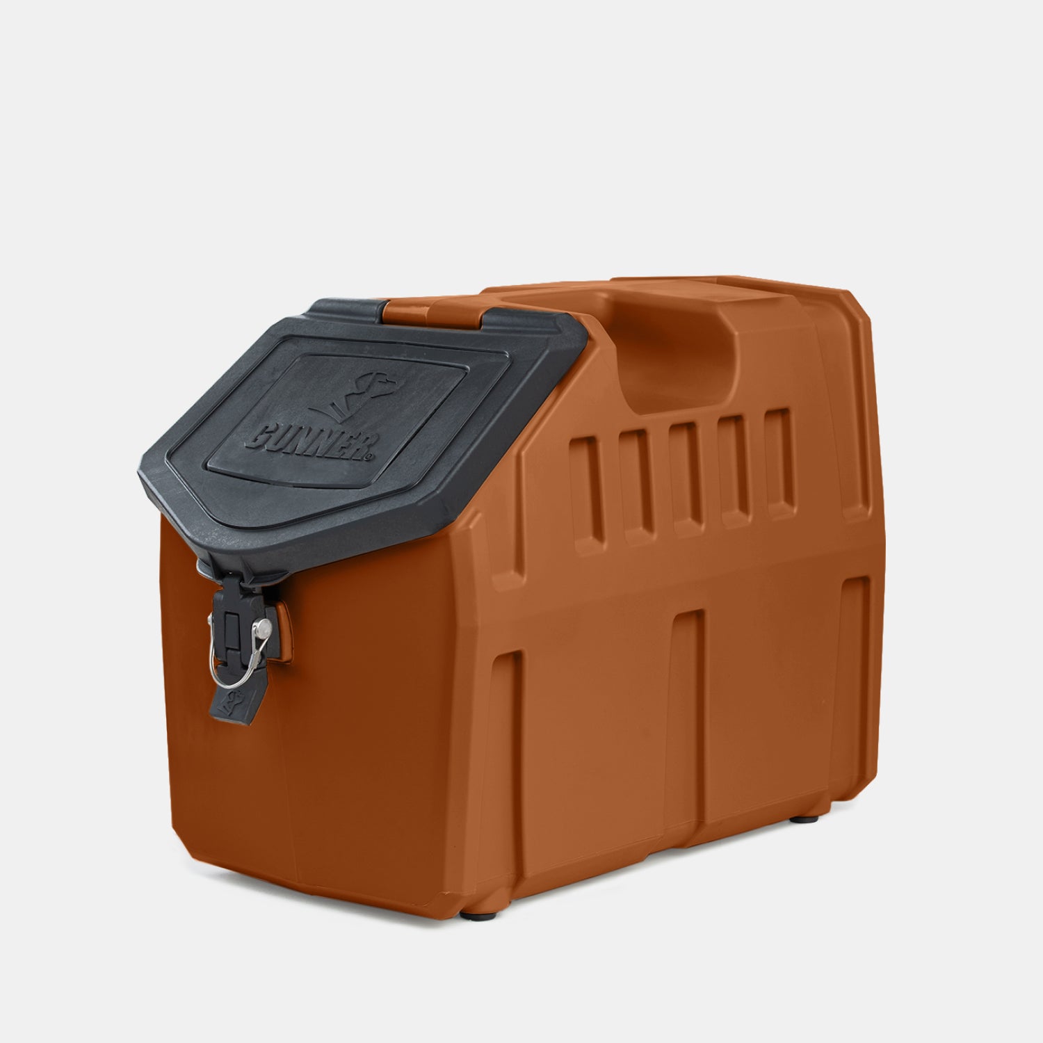 The GUNNER FOOD CRATE - Ducks Unlimited Orange by GUNNER is a durable, waterproof, and airtight dog food storage container with latch closure, carry handle, and textured black lid, shown on a light grey background.