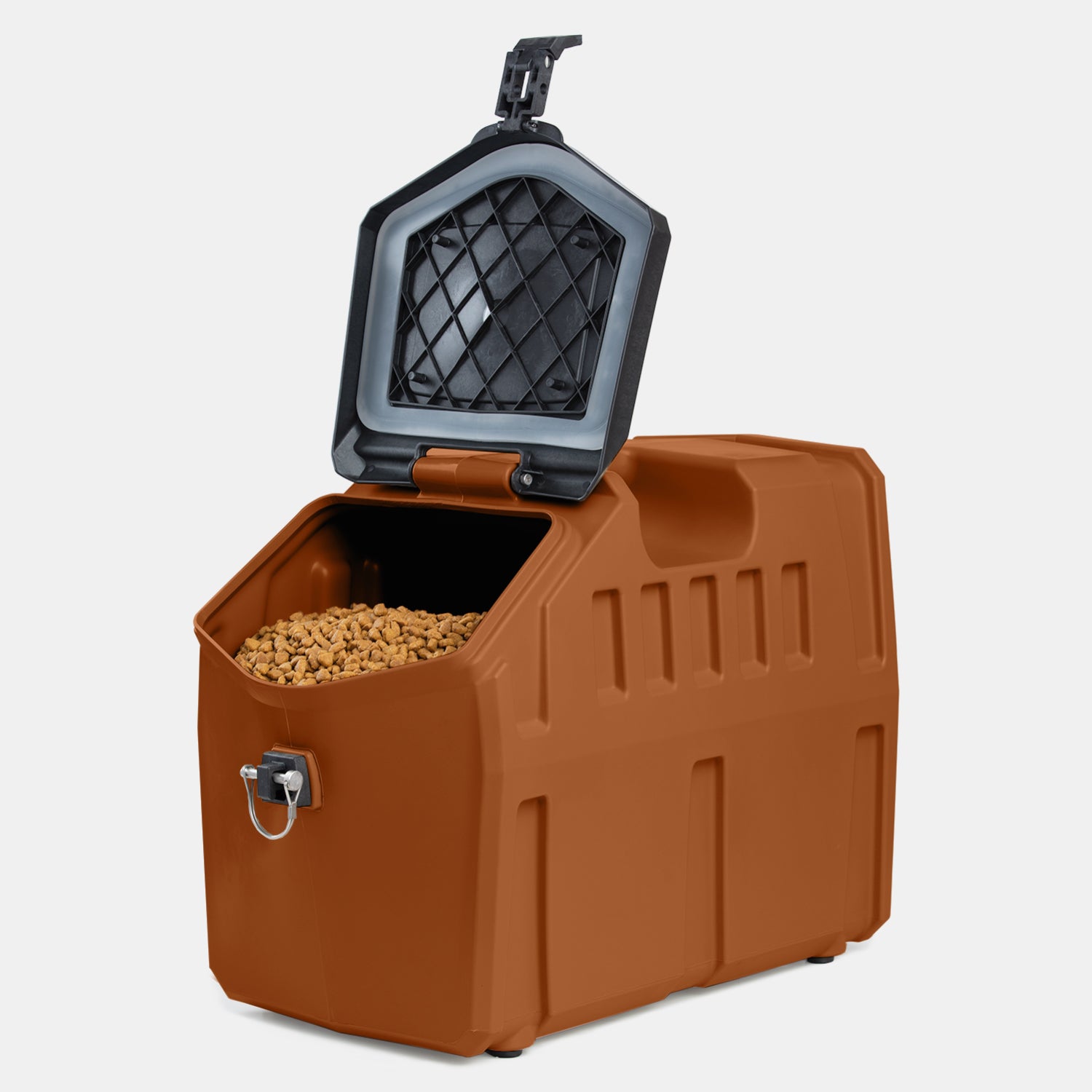 The GUNNER FOOD CRATE - Ducks Unlimited Orange by GUNNER is an airtight dog food storage container featuring a front handle, a black latch, and an open lid with a black grid pattern that reveals dry kibble inside.