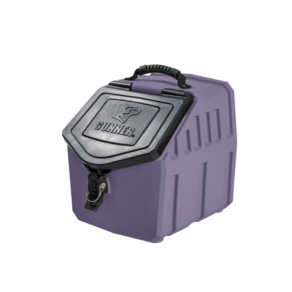 The GUNNER FOOD CRATE - DUSK by GUNNER is a rugged, purple heavy-duty plastic storage container with a black hinged lid, secure front latch, top handle, and textured design—perfect for lasting performance in any condition.