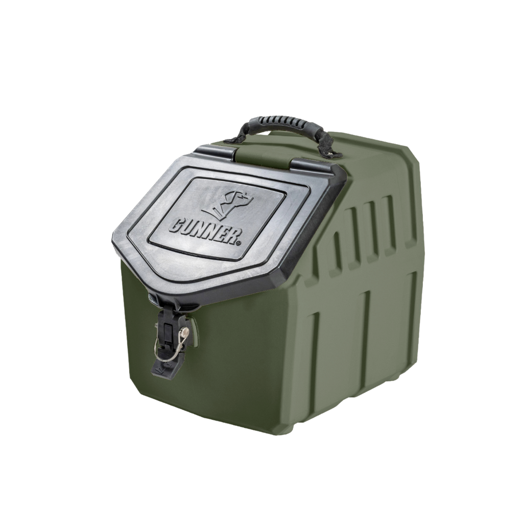 The GUNNER FOOD CRATE in GUNNER Green is a hard-sided, American-made dog food storage container with an airtight black lid embossed with the GUNNER name and dog logo, plus latch and handle for secure, lasting quality.