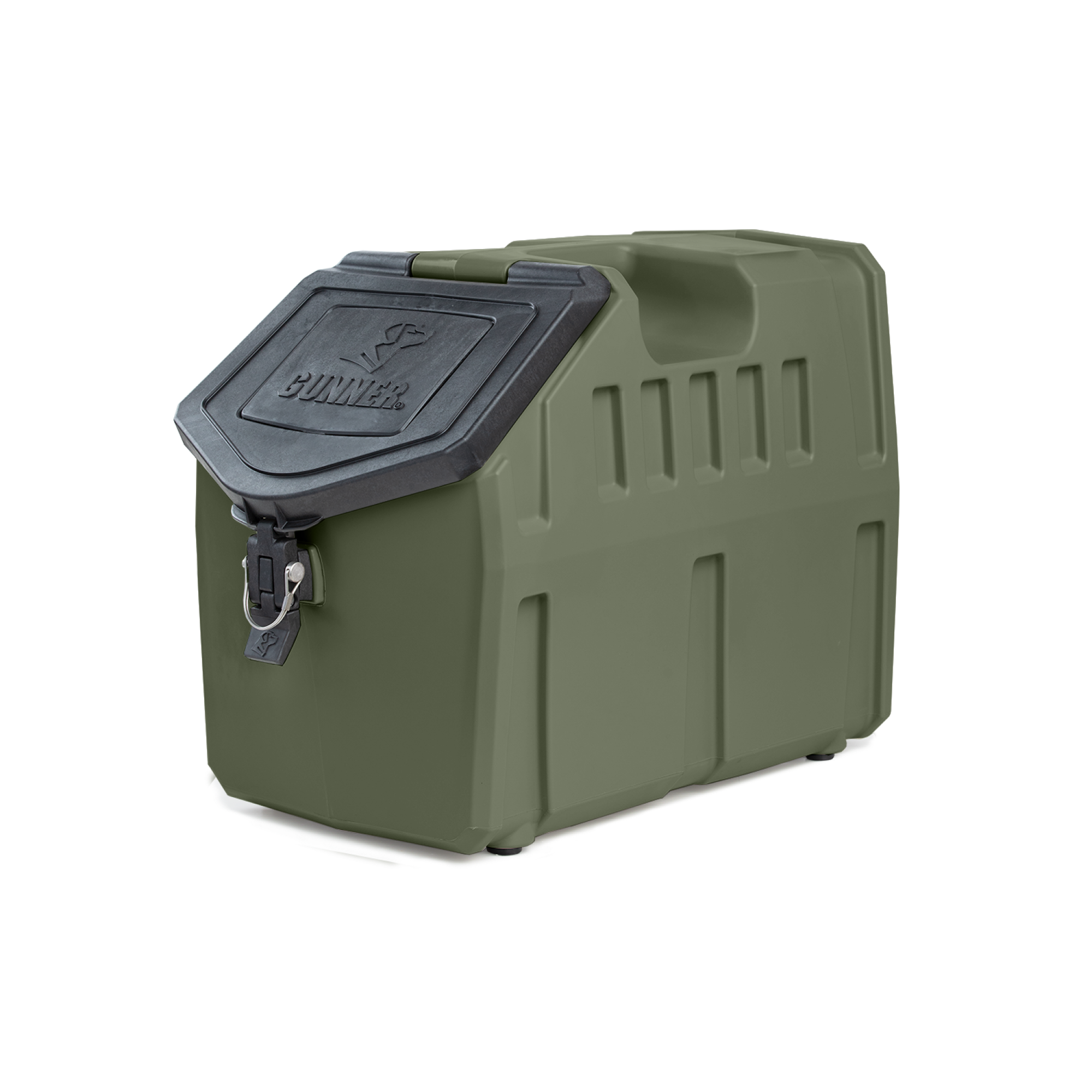 The GUNNER FOOD CRATE in GUNNER Green is a heavy-duty, American-made dog food container with a black angled lid, metal latch and lock, molded handles, airtight seal, and rugged design. Brand: GUNNER.