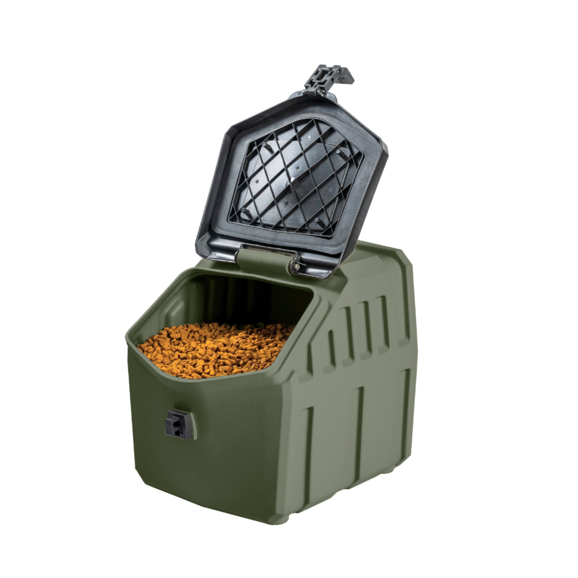 The GUNNER FOOD CRATE in GUNNER Green is a durable, American-made plastic pet food storage container with an airtight, hinged lid featuring a black grid underside, shown open to reveal dry food inside.