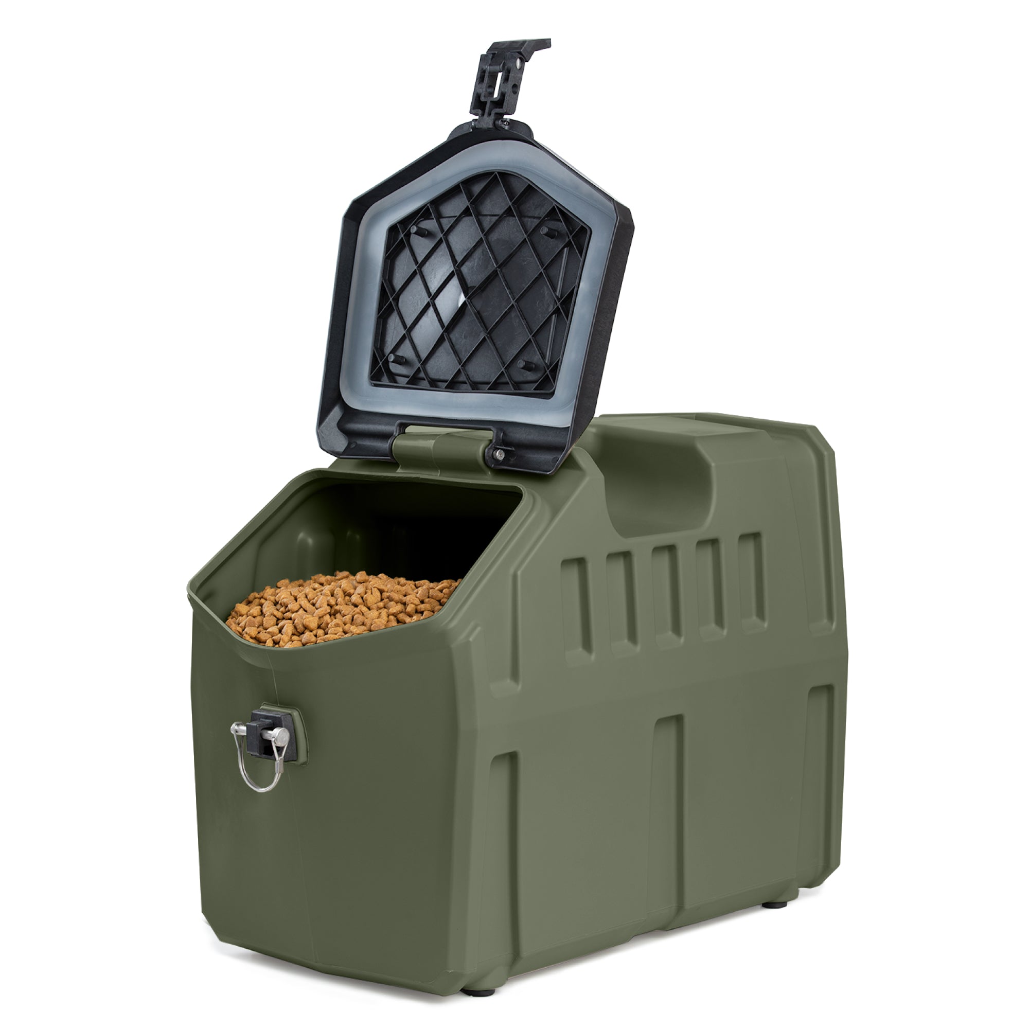 The GUNNER FOOD CRATE in GUNNER Green is a durable, American-made plastic dog food container with a front latch, open top lid showing dry kibble, and an airtight closure for secure, fresh storage. Brand: GUNNER.