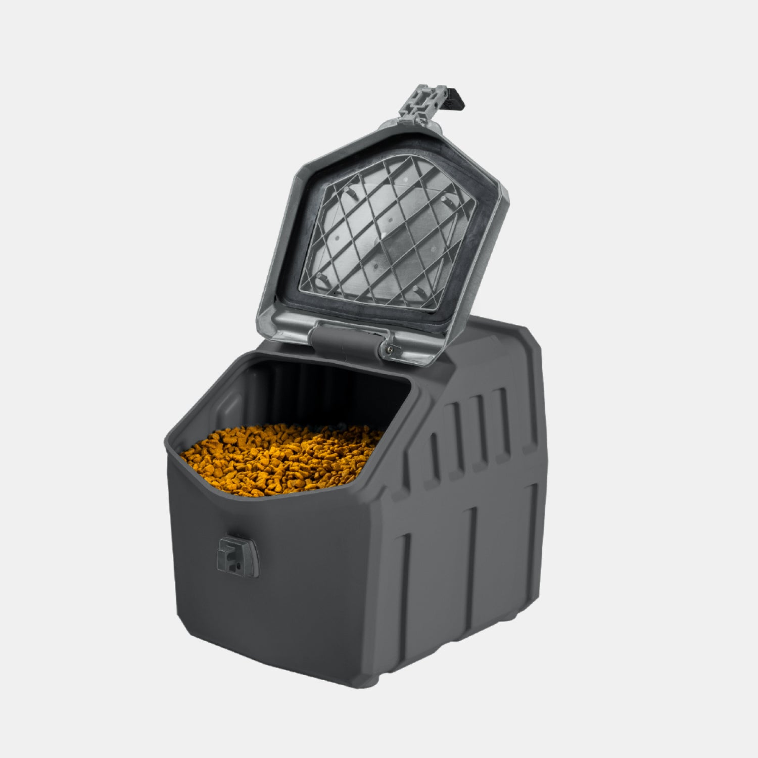 The GUNNER FOOD CRATE - FLINT by GUNNER is a black, rectangular, airtight dog food storage container with a hinged lid and front locking latch to keep food fresh. Made in America for trusted durability.