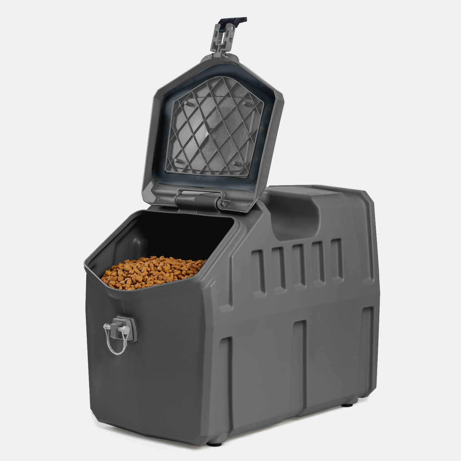 The GUNNER FOOD CRATE - FLINT by GUNNER is a large, gray, airtight dog food storage container with a hinged lid, front latch, and top handle for easy carrying. The open crate reveals dry pet food inside.