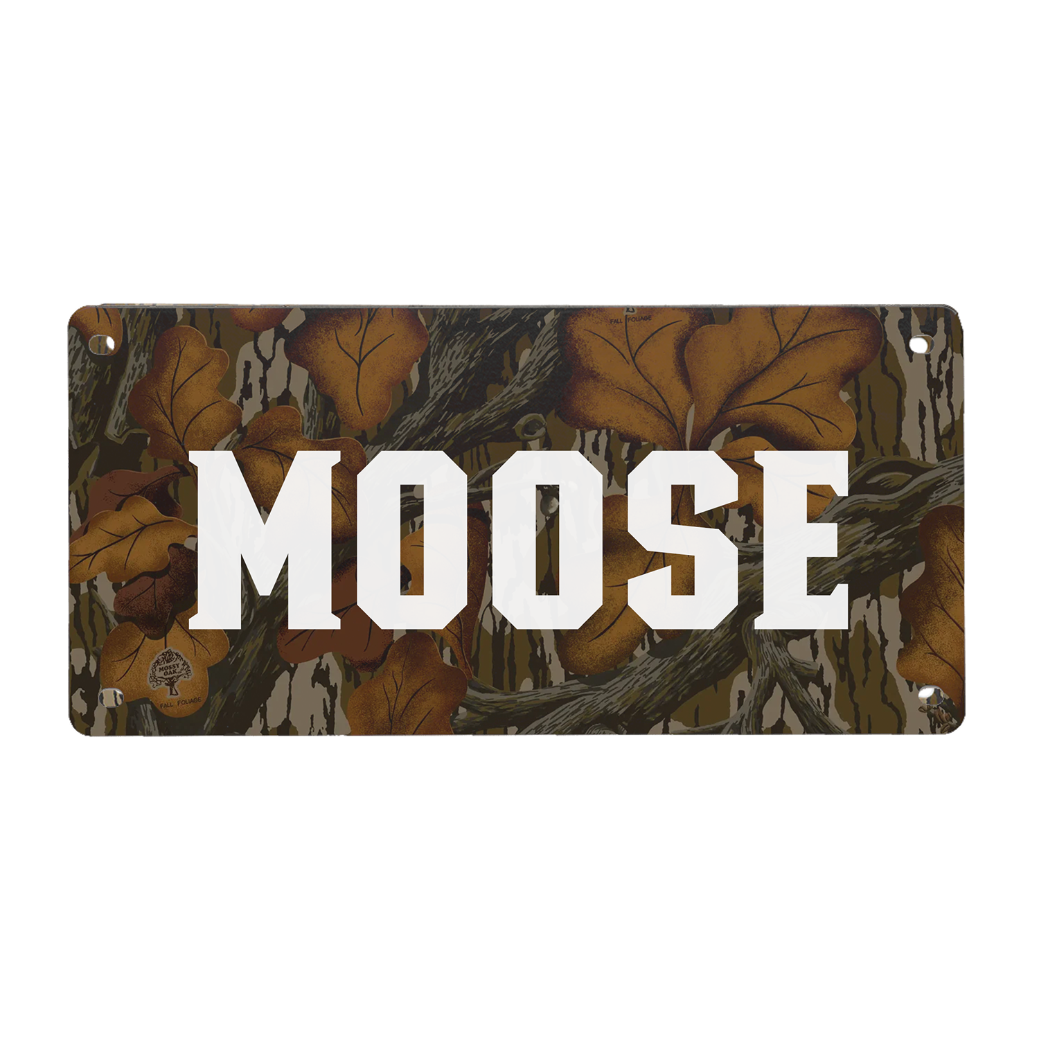 The GUNNER PERSONALIZED KENNEL NAME PLATE features a camouflage design with brown leaves and tree branches, displaying MOOSE in bold white letters—ideal for your custom dog or GUNNER crate.