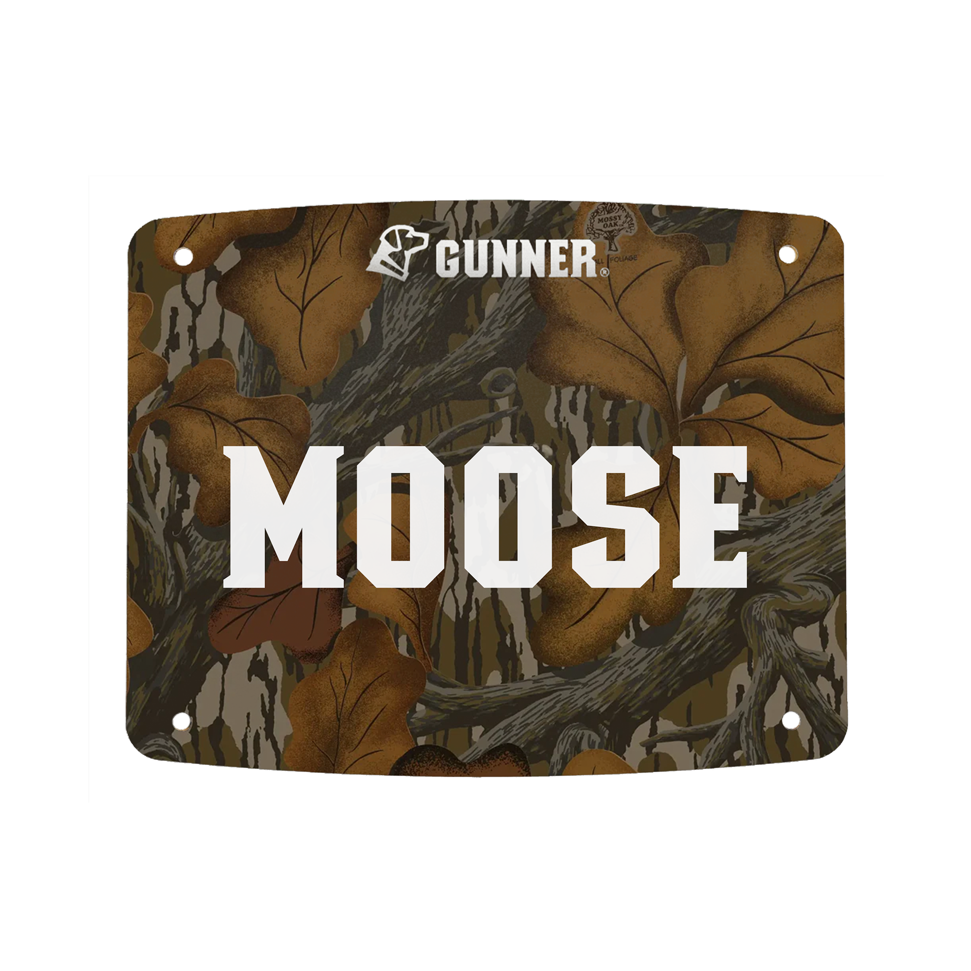 Personalize your GUNNER FOOD CRATE with this custom name plate—camouflage background with brown leaves, tree branches, bold white text (like “MOOSE”), and the GUNNER logo at the top.