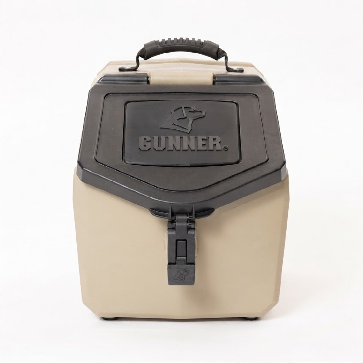 A black KENNEL HANDLE by GUNNER, inspired by the G1 Kennel and crafted from durable GUNNER-Grade materials, features a sturdy, ridged rubber grip and latch for convenience. The design showcases the embossed GUNNER name and dog logo on the front.