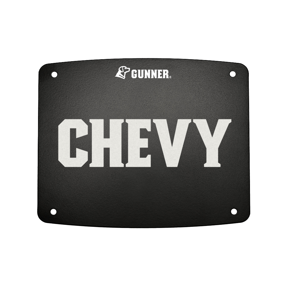 Personalize your GUNNER Food Crate with this black rectangular FOOD CRATE NAME PLATE, featuring bold white CHEVY lettering and the GUNNER logo above it, plus four screw holes for easy attachment.