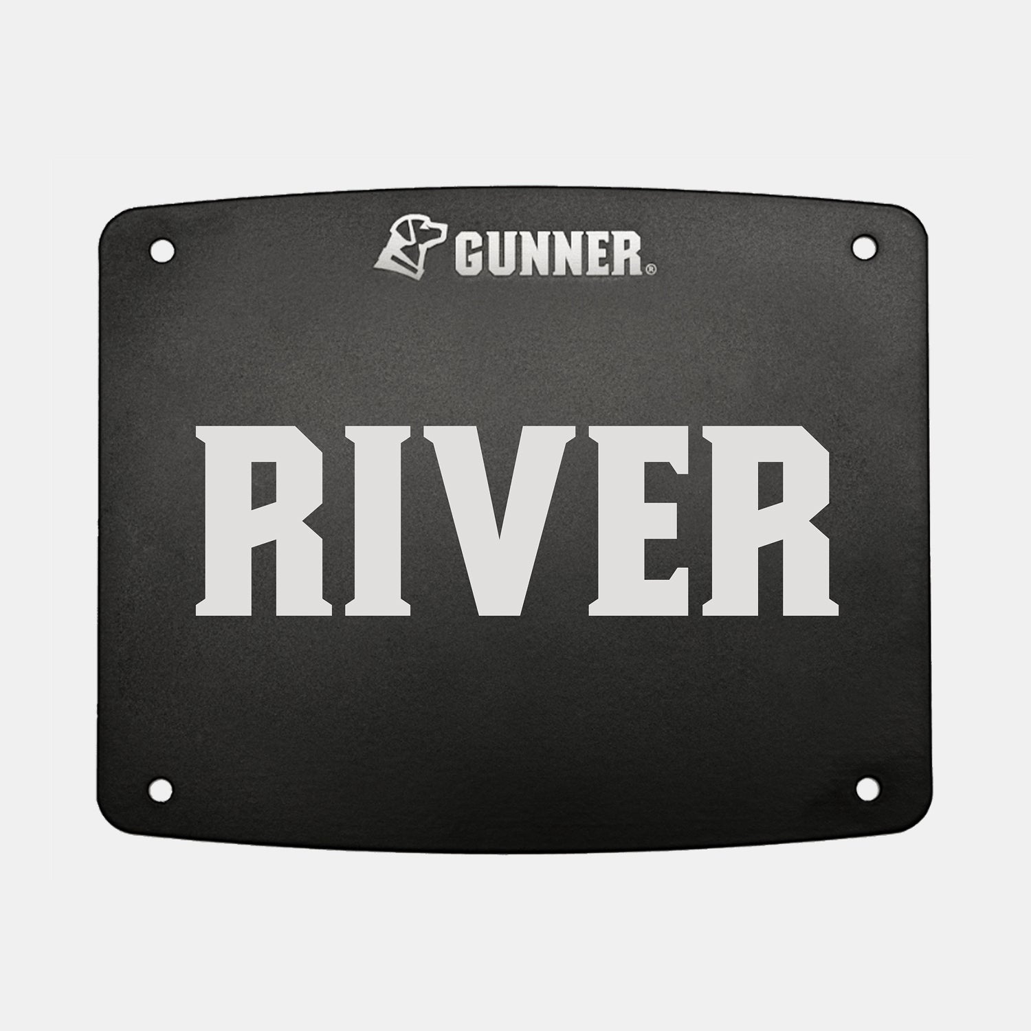 A black rectangular FOOD CRATE NAME PLATE from GUNNER, featuring the word RIVER in bold white letters with the GUNNER logo displayed above. The plate includes four corner holes for convenient mounting, allowing easy personalization of your GUNNER Food Crate.