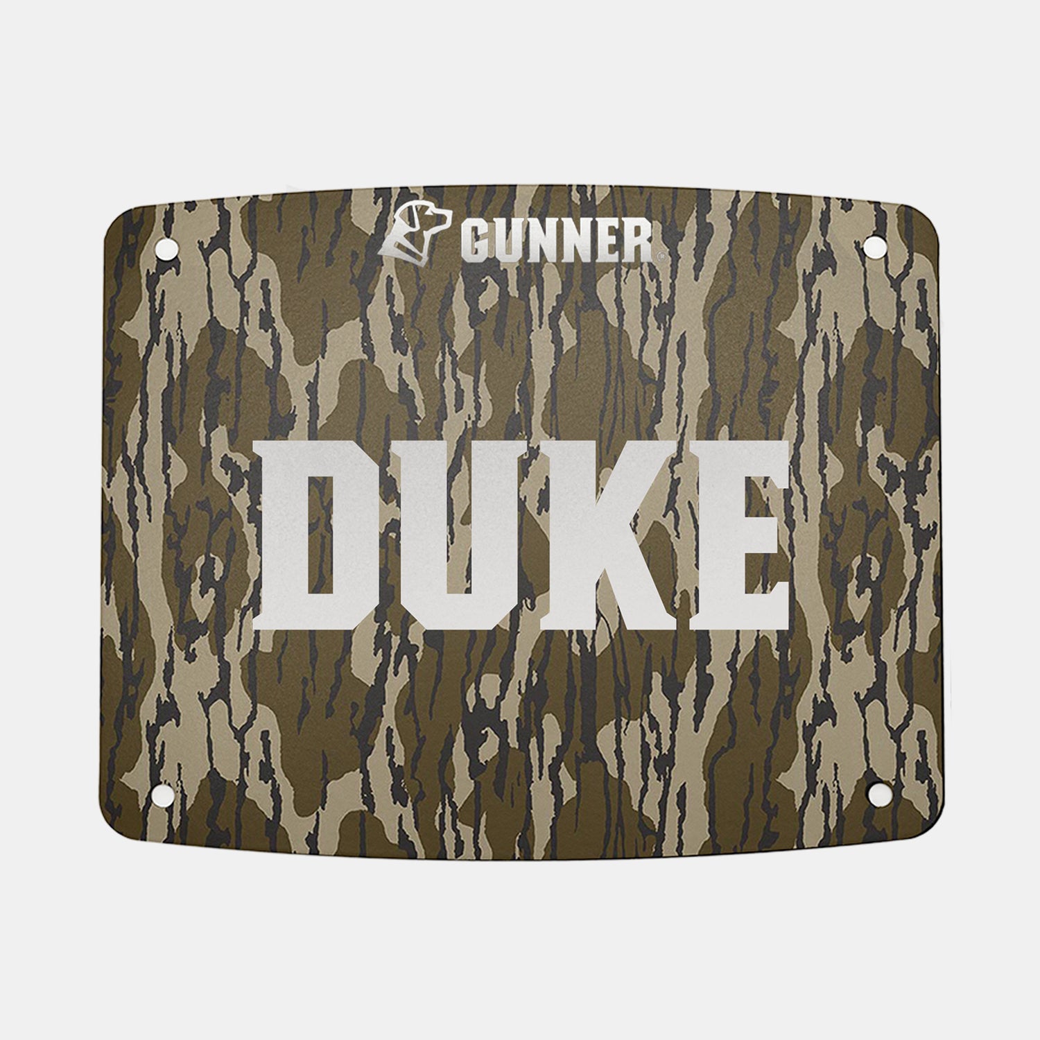 Rectangular camouflage-patterned FOOD CRATE NAME PLATE by GUNNER, featuring large white “DUKE” text in the center and “GUNNER” with a dog icon above it. Designed for personalizing your GUNNER Food Crate, this name plate includes four corner holes for easy mounting.