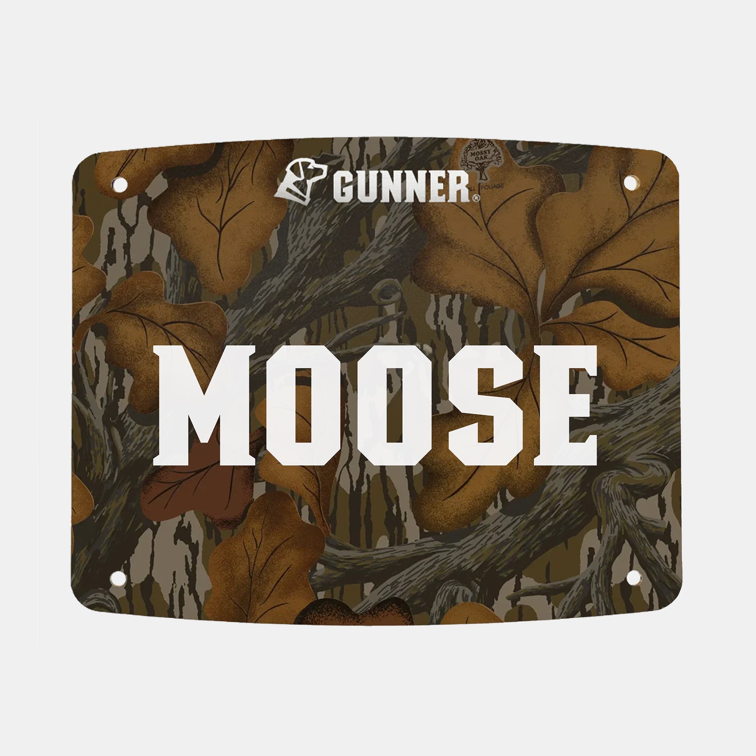 Introducing the GUNNER FOOD CRATE NAME PLATE—this license plate features a camouflage background adorned with brown leaves and branches. The name “MOOSE” is boldly centered in crisp white letters, while the iconic GUNNER logo appears at the top. Inspired by the rugged look of GUNNER’s Food Crate, this custom name plate is perfect for adding a personalized and outdoorsy touch to your vehicle.