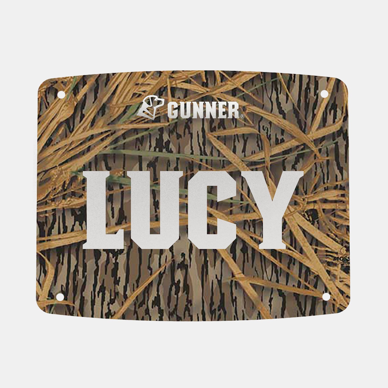 Customize your GUNNER FOOD CRATE with this camouflage-patterned FOOD CRATE NAME PLATE. Featuring the GUNNER brand name at the top and “LUCY” in large, bold white lettering at the center, this name plate includes four pre-drilled holes in each corner for easy mounting.