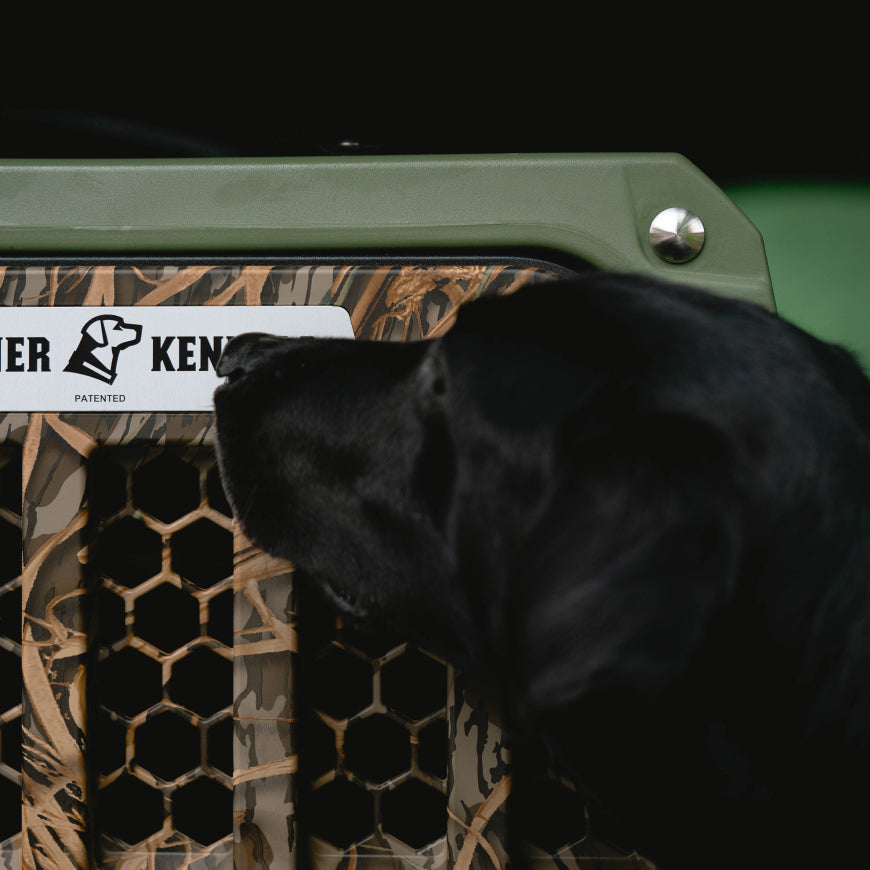 A black dog sniffs the front grate of a GUNNER G1™ KENNEL in Gunner Green/Mossy Oak Shadow Grass—one of the safest dog crates, featuring a double-wall design and signature KENNEL label with dog logo.