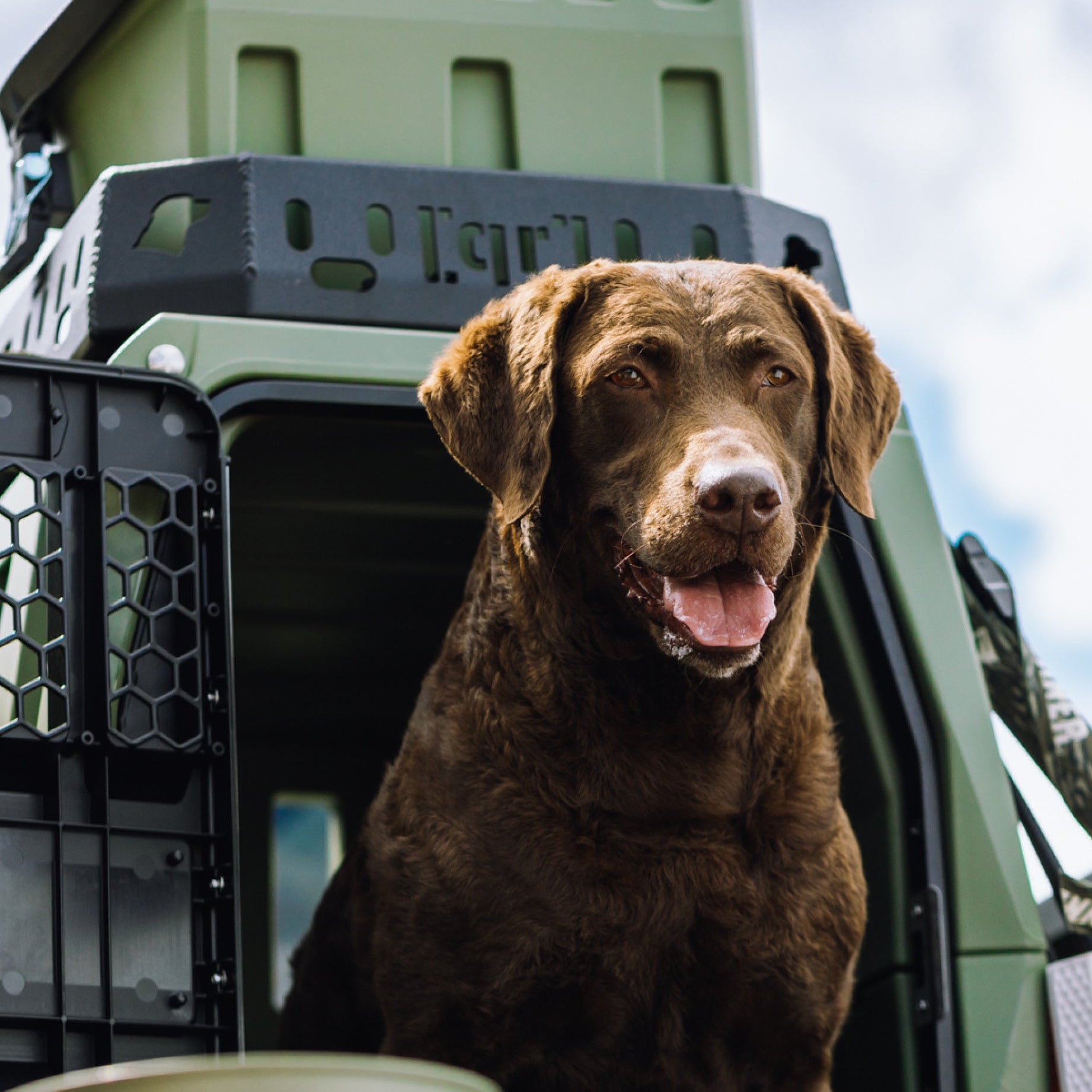 A large brown dog with curly fur sits alert and happy, tongue out, by the GUNNER G1™ KENNEL in Gunner Green at an open vehicle door under partly cloudy skies.