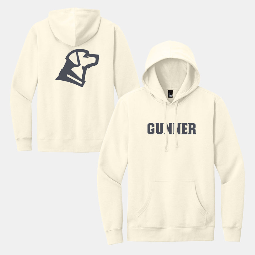 The GUNNER Hoodie by GUNNER features a cream fleece design with GUNNER in bold dark letters on the front and a simple dog profile graphic on the back. Includes hood and front pocket—ideal for chilly mornings at camp.