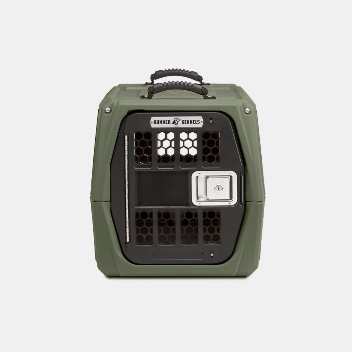 The GUNNER G1™ Kennel in Gunner Green, made in the USA, has a black metal door, ventilation holes, secure latch, and top handle. Displayed on a white background, it’s among the safest dog crate options available.