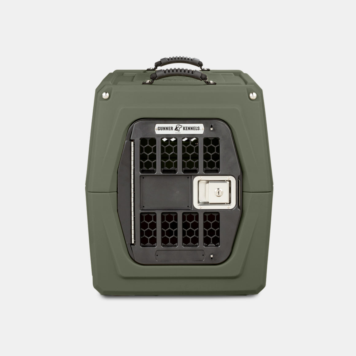 A hard-sided, double-walled G1™ KENNEL in Gunner Green by GUNNER, featuring a black ventilated door and silver latch, is shown front-facing on a plain white background. Widely regarded as Americas safest dog crate.