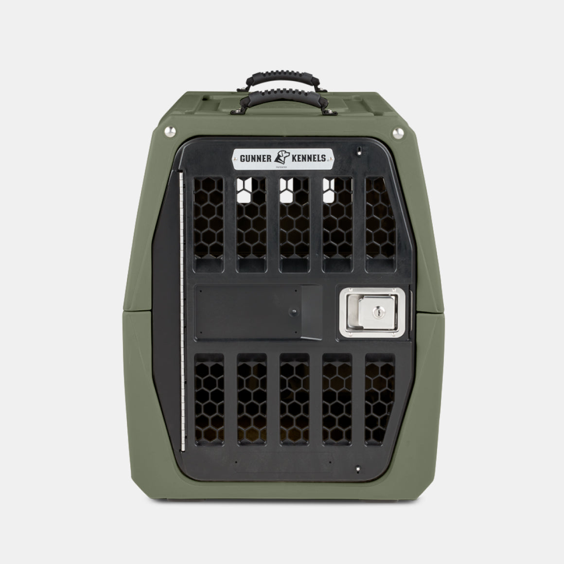 The GUNNER G1™ KENNEL in Gunner Green is a heavy-duty, American-made double-walled dog crate with a black metal door, hexagonal vents, secure latch, top handle, and the GUNNER logo above the door—among the safest kennels.