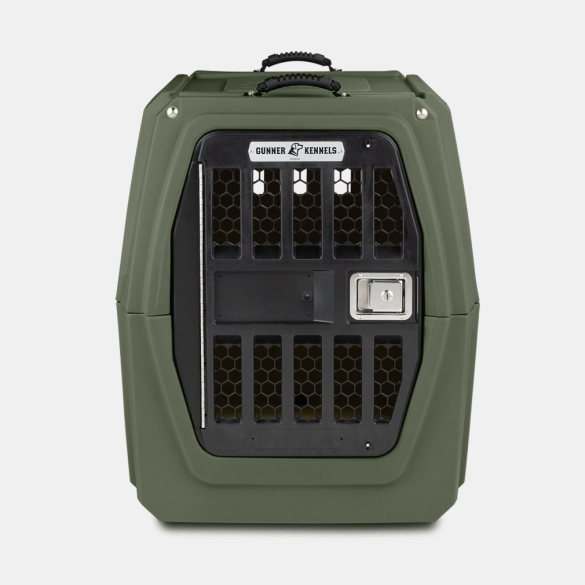 The GUNNER G1™ KENNEL in Gunner Green features double walls, a sturdy black metal door, ventilation panels, a silver locking latch, and a top handle. Made in America by GUNNER—designed as the safest dog crate.