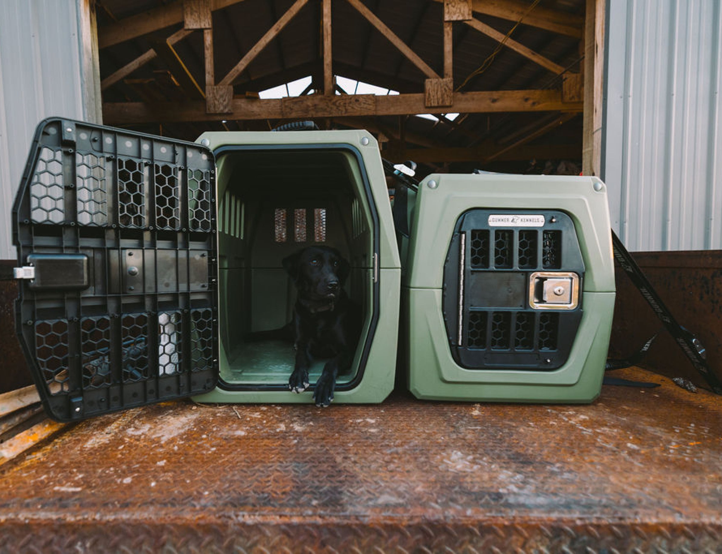A black puppy sits inside an open GUNNER G1™ KENNEL in Gunner Green next to a closed crate, both on a metal surface before a wooden structure. This safest dog crate is proudly Made in America.