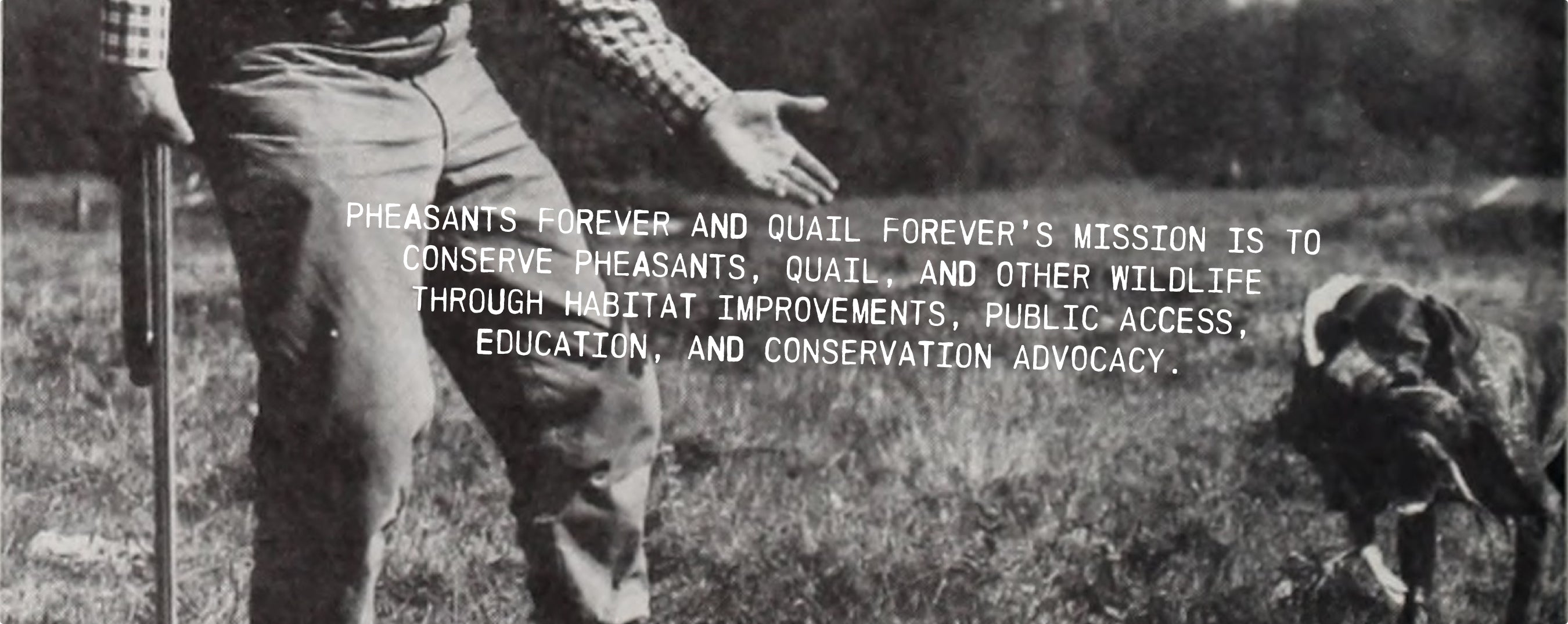 Vintage-style hunting image of a person holding a gun with their bird dog close by overlaid with text about Pheasants Forever and Quail Forever's mission that reads "Pheasants Forever and Quail Forever's mission is to conserve pheasants, quail, and other wildlife through habitat improvements, public access, education, and conservation advocacy."
