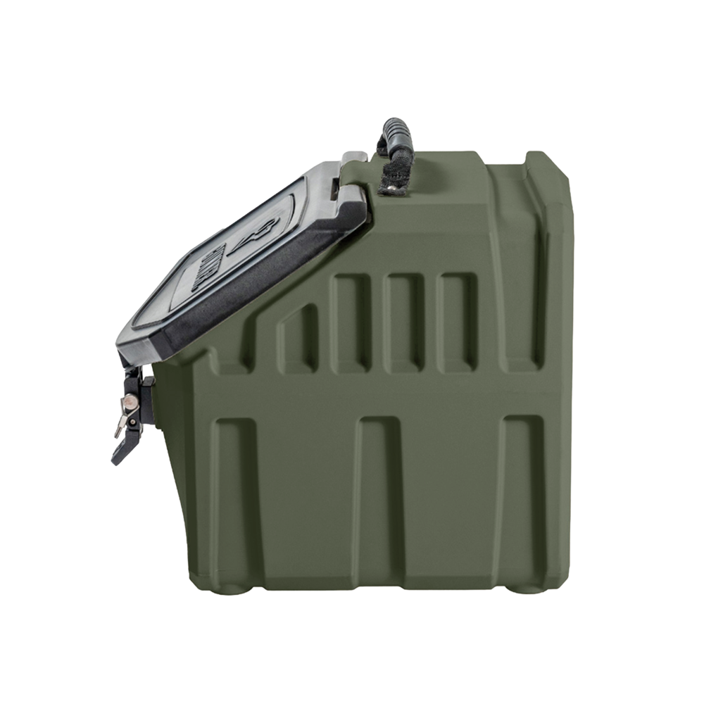 The GUNNER FOOD CRATE in GUNNER Green is a rugged, rectangular dog food container with a textured finish, hinged airtight lid, black handle, metal latch for security, and is proudly made in America.