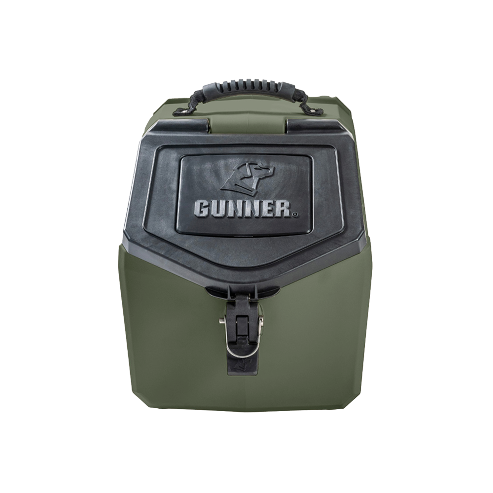 The GUNNER FOOD CRATE in GUNNER Green is a hard-sided, airtight dog food storage container with a secure latch, sturdy handle, and the embossed GUNNER logo on the front. Its angular green-and-black design is both modern and durable.