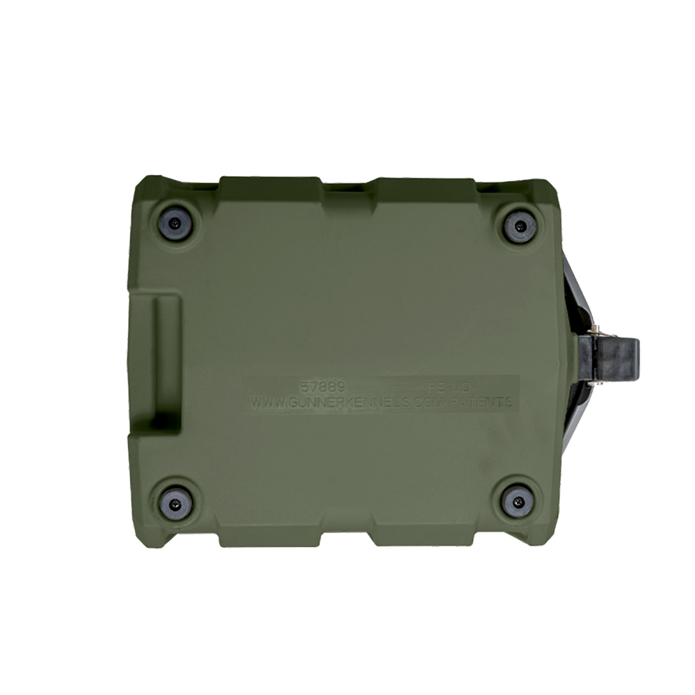 The GUNNER FOOD CRATE in GUNNER Green is a rectangular, hard plastic, airtight dog food storage container with four black corner screw holes and a right-side latch, photographed from above against a white backdrop.