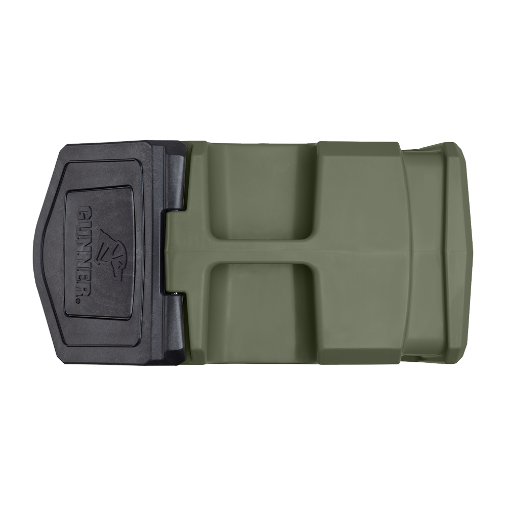 The GUNNER FOOD CRATE in GUNNER Green features an airtight, dog food storage design with a black latch lid embossed with the GUNNER logo, reinforced durable sides, and a secure seal. Made in America for trusted quality.