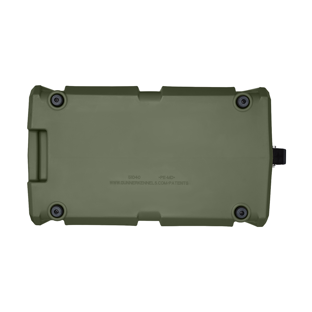 The GUNNER FOOD CRATE in GUNNER Green is an olive green, rectangular airtight dog food container with rounded edges, four black feet at the corners, a left handle, and a right black latch; shown from above on a white background.